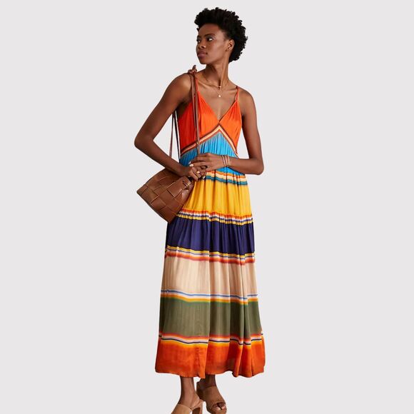 Anthropologie Tanvi Kedia Dress Orange V Neck Midi Striped Tiered Flowy Small - Picture 1 of 12